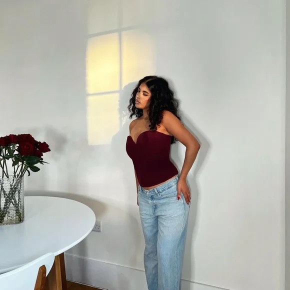 Zara Set - Wine Buttoned Tailored Blazer & Sweetheart Neckline Bustier - Picture 9 of 16